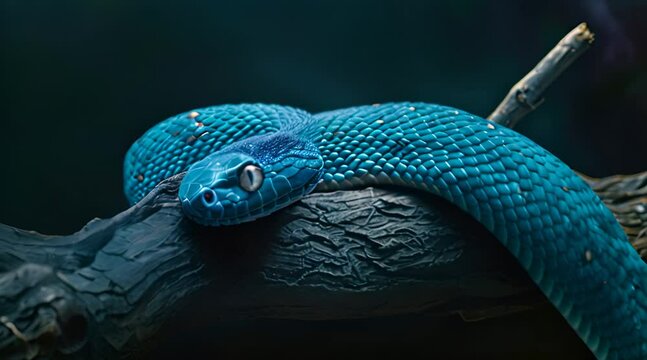 blue viper snake is on a tree branch