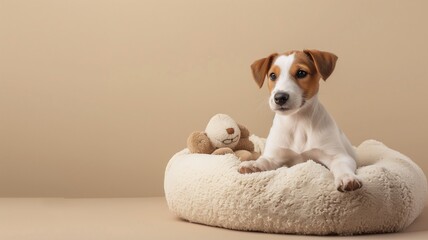 Adorable puppy sitting in a plush bed with a teddy bear companion