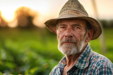 Fototapeta premium Portrait of a farmer thinking about his harvest. Long exposure in the background. Created with Generative AI technology.