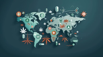 An image of a cannabis leaf pattern forming a map of the world, symbolizing the global movement towards medical marijuana legalization