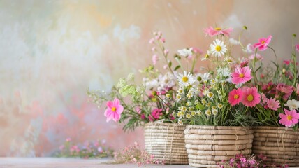 Vibrant spring flowers arranged in woven wicker baskets on a wooden table
