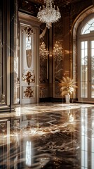 Fototapeta premium A spacious room adorned with a grand chandelier hanging from the ceiling, illuminating the luxurious marble floor.