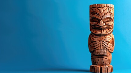 Traditional tiki carving against a bright blue background