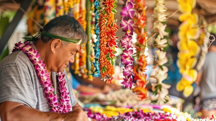 A craftsman intently creating vibrant lei garlands at a local market