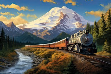 Steam locomotive in the mountains. Digital painting. Vintage steam train driving through the mountains with autumnal foliage and aged tracks. journey and adventure concept. - obrazy, fototapety, plakaty