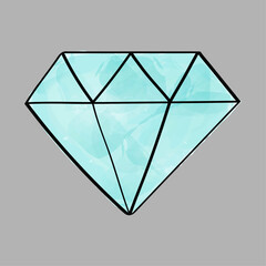 Diamond hand drawn gem with light blue watercolor, a vector doodle art