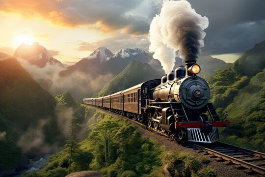 Wild west steam train driving through the mountains. Steam locomotive in the mountains at sunset. 3d illustration. transportation, travel.