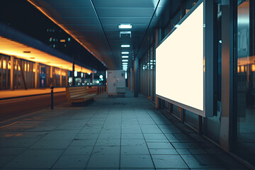 An empty billboard is installed on the street of a city at night. An atmosphere of change and opportunity, new and creative advertising solutions. Poster on the street. Mockup. Copy space. Banner