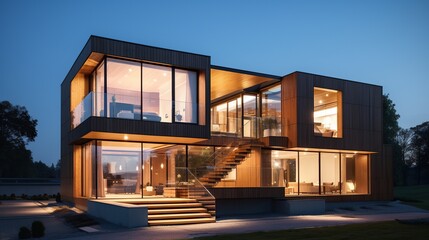 Modern design architecture, visualization of a modern style house. beautiful house, night view,