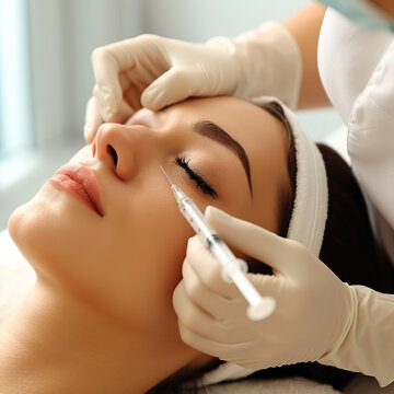 A young woman receives a cosmetic injection of hyaluronic acid. A beautiful woman gets an injection in the face. An adult girl receives a cosmetic injection of hyaluronic acid in the clinic. Beauty