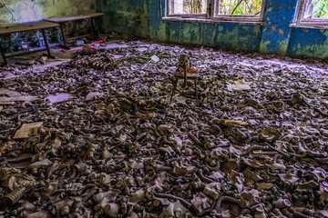 Gas masks in 3rd High school in Pripyat abandoned city in Chernobyl Exclusion Zone, Ukraine