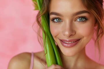 Happy beautiful woman holding celery stalk on pink background
