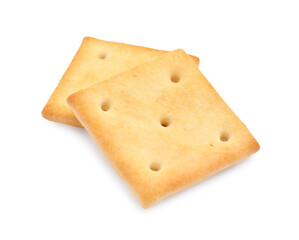 Two crispy crackers isolated on white. Delicious snack