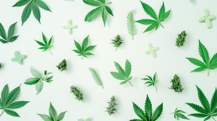 Cannabis leaves and medical crosses representing the integration of marijuana in modern healthcare, in the context of medical marijuana legalization