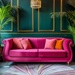 A living room with vibrant green walls and a pink couch creating a striking contrast. The room is well-lit and furnished with modern decor.