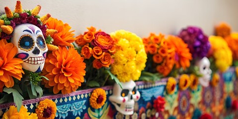 Vibrant dia de los muertos altar adorned with sugar skulls and a bounty of flowers. Festival cinco de mayo backdrop in Mexico. Day of the dead or Halloween holiday with copy space - obrazy, fototapety, plakaty