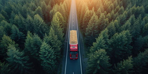 An overhead shot of a red truck moving along a road cutting through a dense, sunlit forest. - obrazy, fototapety, plakaty
