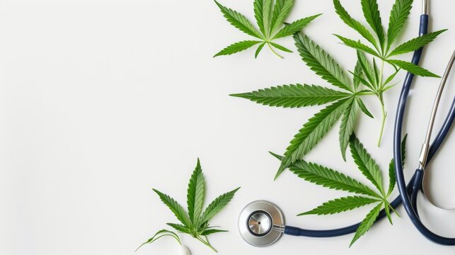 Artistic depiction merges cannabis leaves and a stethoscope, symbolizing the medical exploration of cannabis in modern healthcare, medical marijuana legalization