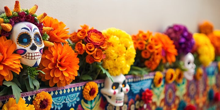 Vibrant dia de los muertos altar adorned with sugar skulls and a bounty of flowers. Festival cinco de mayo backdrop in Mexico. Day of the dead or Halloween holiday with copy space