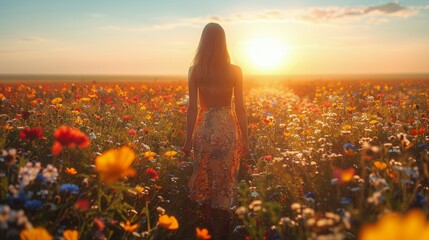 Woman Standing in Field of Flowers - obrazy, fototapety, plakaty