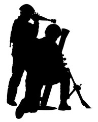 Silhouette of a soldier firing a grenade launcher. Silhouette of a special forces soldier attacking the enemy. A military man practicing firing weapons in the army. War. Shooting from an artillery gun - obrazy, fototapety, plakaty