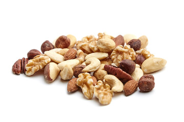 A scattered assortment of walnuts, pecans, hazelnuts, Brazil nuts, almonds, and cashews isolated on a white background