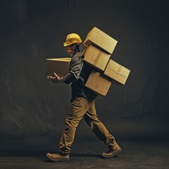 Man Carrying a Stack of Boxes on His Back - obrazy, fototapety, plakaty