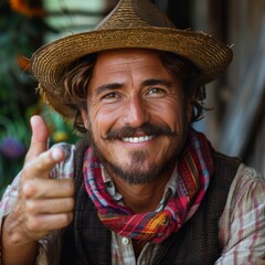 Fototapeta premium Man Wearing Straw Hat Giving Thumbs Up