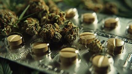 Cannabis Buds and Medicinal Tablets. medicinal packaging with medical marijuana, emphasizing its safety and regulation