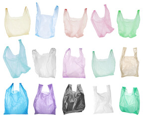 Different plastic bags isolated on white, set