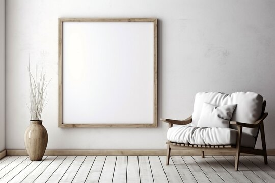 A simple wooden chair sits next to a black picture frame on a wall in a room.