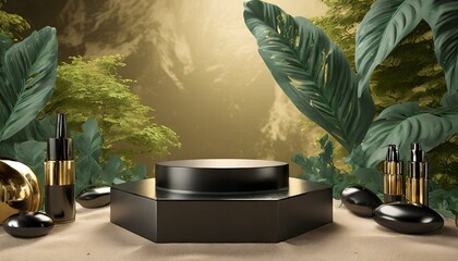 a 3D rendering illustration of a black cosmetic platform set against a nature-inspired beige background. Highlight the luxurious design of the pedestal, with green accents and a touch of golden elemen