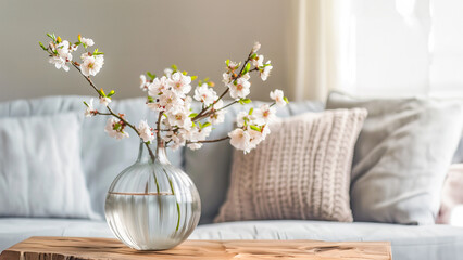 Harmony in simplicity, Minimalistic living room with a ceramic vase on a round wooden coffee table.