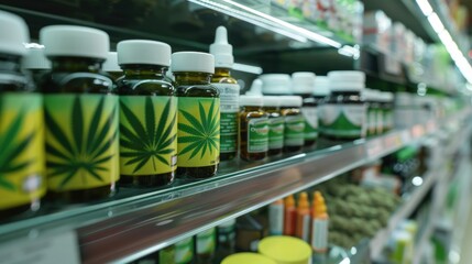 A variety of cannabis products with distinctive cannabis leaf branding on display at a modern dispensary shelf, pharmacy with a availability of medical marijuana