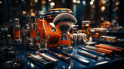 Modern barber tools: Close-up of razors, scissors, and combs. Modern barbershop interior on background.