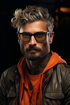 Portrait of a man in eyeglasses with stylish haircut on dark background.