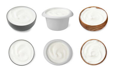 Fresh yogurt in bowls isolated on white, side and top views. Collage