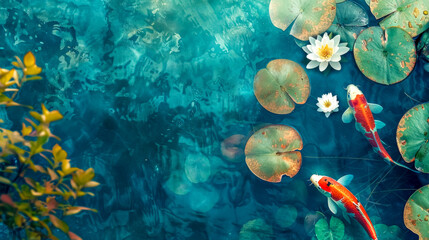 Tranquil koi pond with water lilies