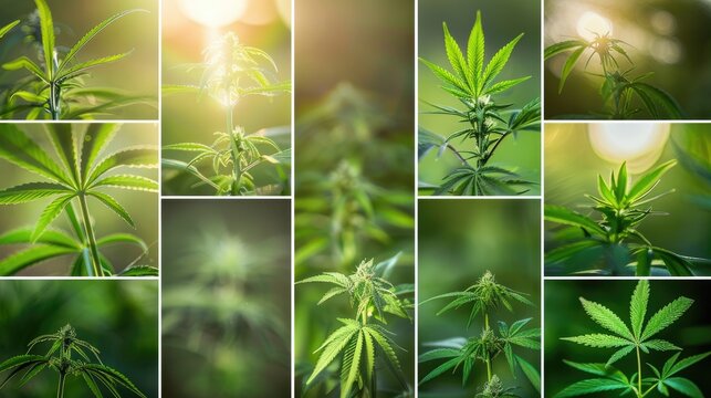 Photos capturing different stages of medical marijuana cultivation, from planting seeds to harvesting, to portray the production process
