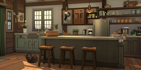 Kitchen Interior 3D Illustration Mockup Scene on Isolated Background.