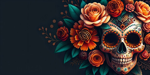 Mexican festive dia de los muertos background with vivid flowers and sugar skulls. Festival cinco de mayo backdrop in Mexico. Day of the dead, all saints day or Halloween holiday with copy space