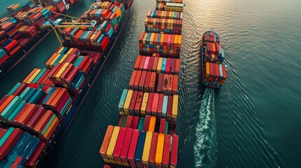 Fototapeta na wymiar Drones eye view: Seaports vibrant container stacks, massive shipping cranes, and busy cargo ship
