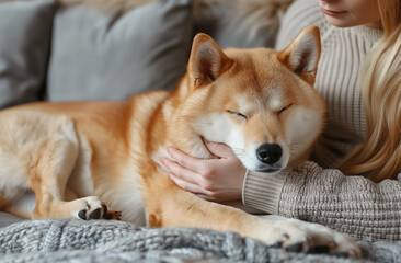 A woman caresses a cute red dog, Shiba Inu, sleeping on her lap. close-up. Trust, calmness, care, friendship, the concept of love.  - obrazy, fototapety, plakaty