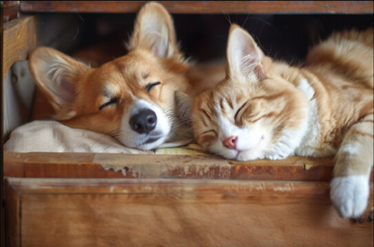 Stunning high resolution photo of a red corgi and maine coon sleeping in interesting and unusual positions.