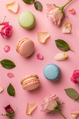 Pastel macaroons, petals ,leaves and roses on pink background. Pastel colors. Top view.