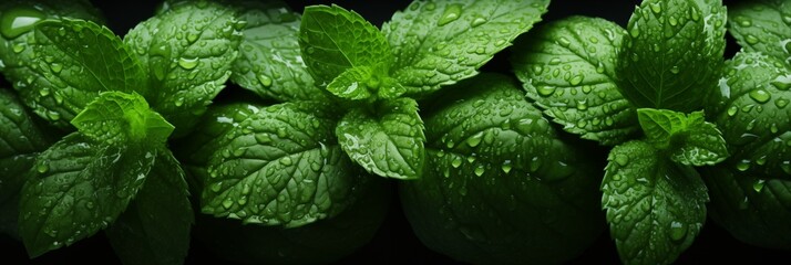 Wet fresh mint background, banner, texture top view. Mint plant close up with water drops. Green leaves banner