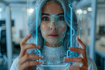 Young woman's face with striking blue high-tech augmented reality interface around her