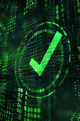 A green tick icon on a digital background