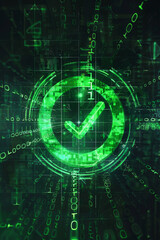 A green tick icon on a digital background