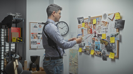 Young hispanic man analyzes evidence on corkboard in detective office, suggesting crime...